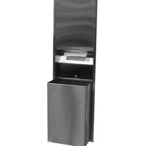 Stainless steel wall-mounted paper towel dispenser and waste receptacle for restrooms.