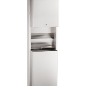 Stainless steel paper towel dispenser with storage above and waste bin below.