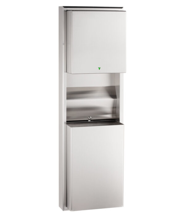 Stainless steel paper towel dispenser with storage above and waste bin below.