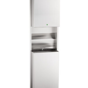 Stainless steel wall-mounted paper towel dispenser with integrated waste bin, minimalist design.