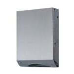 Stainless steel rectangular paper towel dispenser with curved bottom opening.