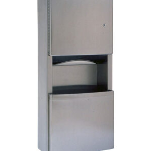 Stainless steel wall-mounted paper towel dispenser with lockable compartment.