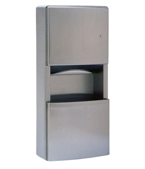 Stainless steel wall-mounted paper towel dispenser with lockable compartment.