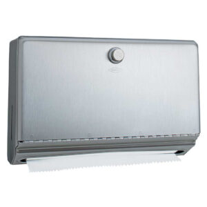 Stainless steel paper towel dispenser with central lock and serrated edge for tearing.