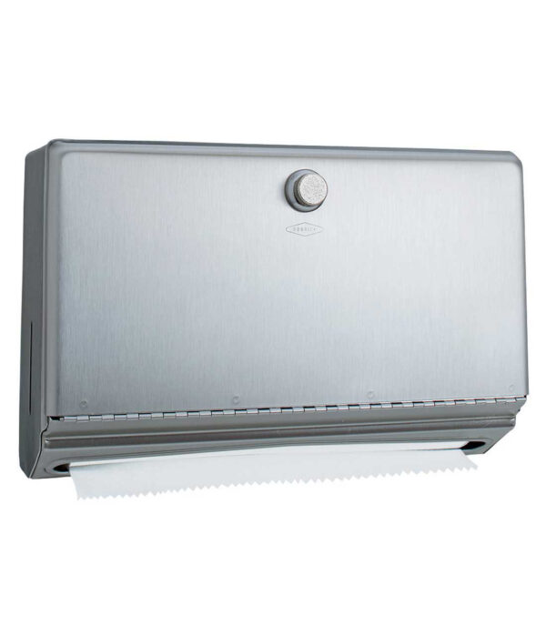 Stainless steel paper towel dispenser with central lock and serrated edge for tearing.