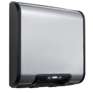 Wall-mounted stainless steel paper towel dispenser with sleek black frame design.