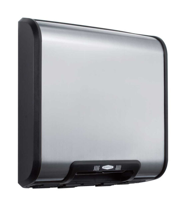 Wall-mounted stainless steel paper towel dispenser with sleek black frame design.