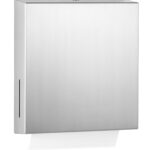 Wall-mounted stainless steel paper towel dispenser with rectangular design.