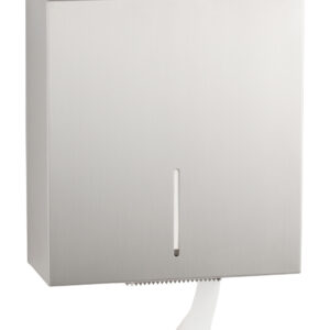 Stainless steel paper towel dispenser with front slot and bottom dispensing area.