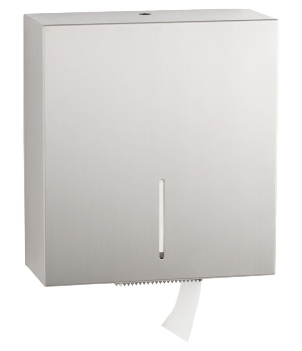 Stainless steel paper towel dispenser with front slot and bottom dispensing area.