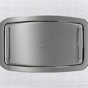 Stainless steel wall-mounted paper towel dispenser on a tiled background.