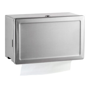 Stainless steel wall-mounted paper towel dispenser, rectangular, towel visible at bottom.