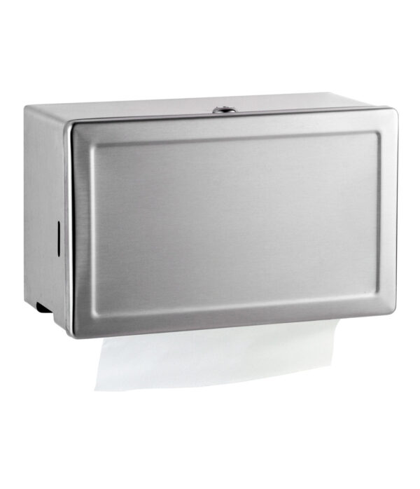 Stainless steel wall-mounted paper towel dispenser, rectangular, towel visible at bottom.