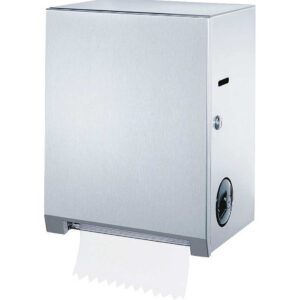 Stainless steel wall-mounted paper towel dispenser with lock and minimalist design.