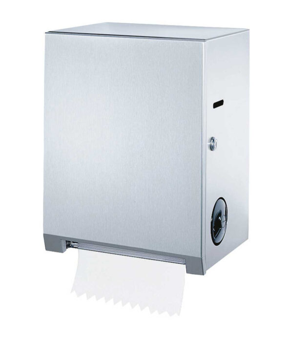 Stainless steel wall-mounted paper towel dispenser with lock and minimalist design.