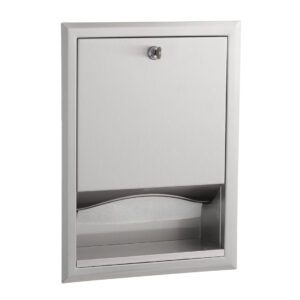 Stainless steel recessed paper towel dispenser with lockable upper door and towel disposal opening.