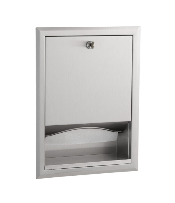 Stainless steel recessed paper towel dispenser with lockable upper door and towel disposal opening.