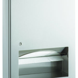 Stainless steel paper towel dispenser with locking mechanism and open front.