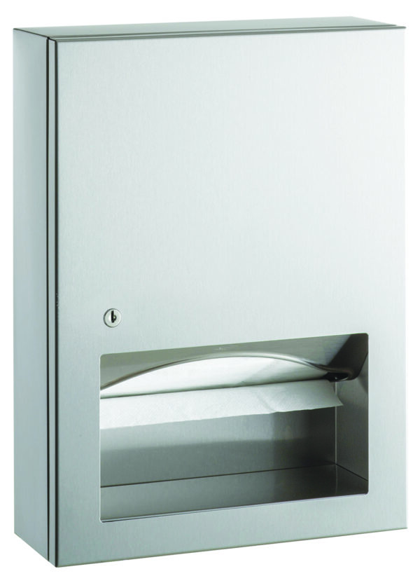 Stainless steel paper towel dispenser with locking mechanism and open front.