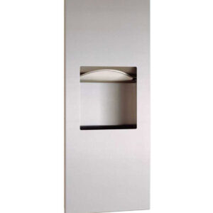 Wall-mounted stainless steel paper towel dispenser with open slot and rectangular front panel.