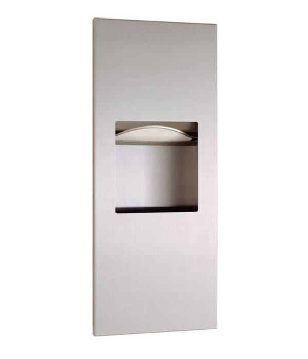 Wall-mounted stainless steel paper towel dispenser with open slot and rectangular front panel.