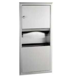 Stainless steel recessed paper towel dispenser and waste bin for public restrooms.