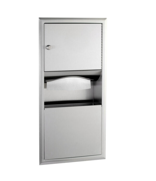 Stainless steel recessed paper towel dispenser and waste bin for public restrooms.