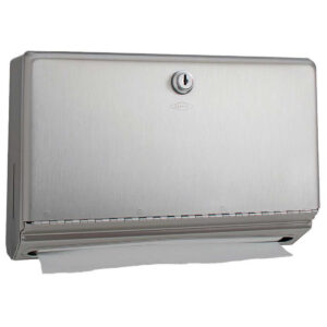 Wall-mounted stainless steel paper towel dispenser with lockable lid, towel partly visible below.