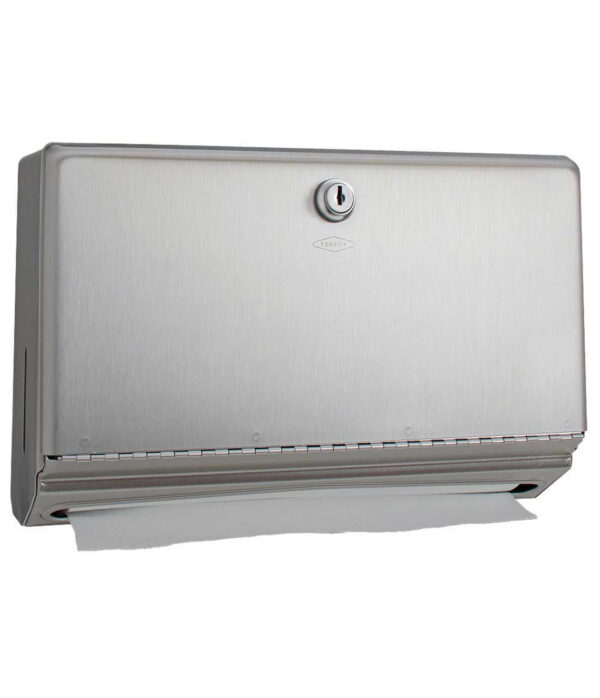 Wall-mounted stainless steel paper towel dispenser with lockable lid, towel partly visible below.