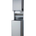 Stainless steel unit with a surface-mounted paper towel dispenser and waste receptacle.