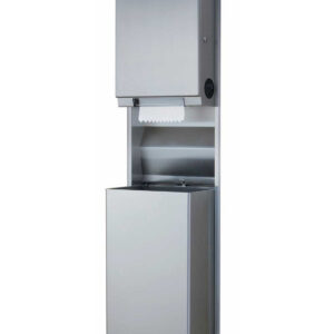 Stainless steel unit with a surface-mounted paper towel dispenser and waste receptacle.