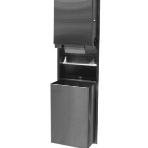 Stainless steel wall-mounted paper towel dispenser and trash bin combo unit.