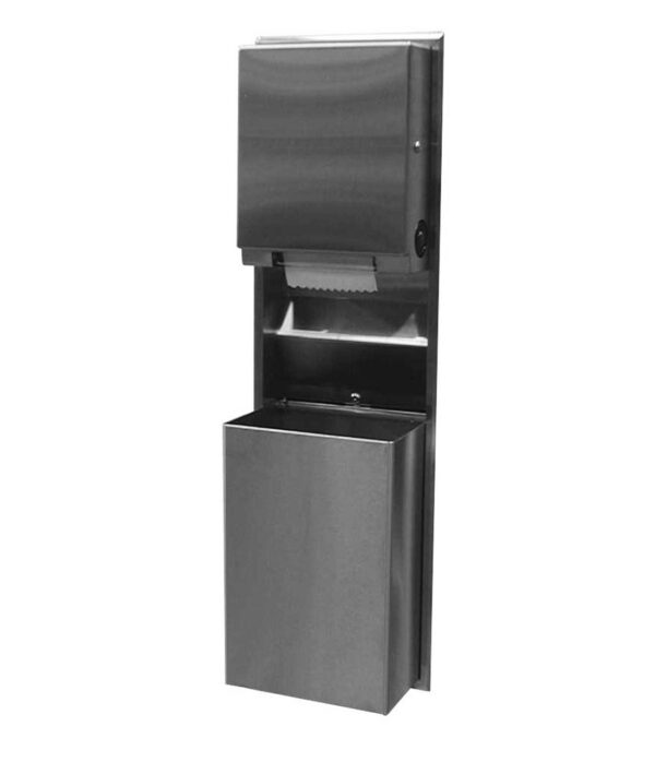 Stainless steel wall-mounted paper towel dispenser and trash bin combo unit.