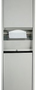 Stainless steel wall-mounted paper towel dispenser with built-in waste bin for restrooms.