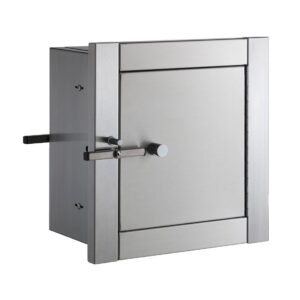 Stainless steel pass-through door with secure lock, square design, handle for controlled access.