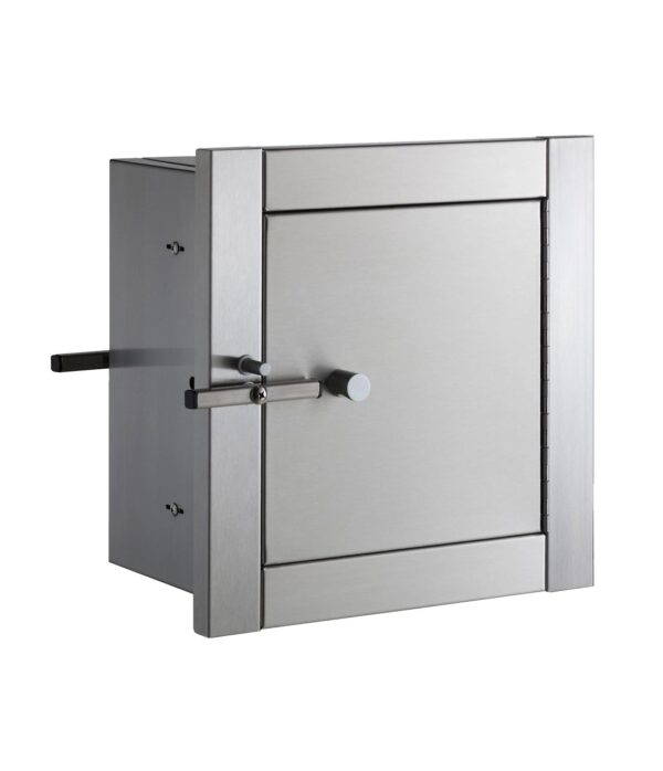 Stainless steel pass-through door with secure lock, square design, handle for controlled access.