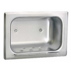 Stainless steel recessed soap dish with screw holes and a raised section for drainage.