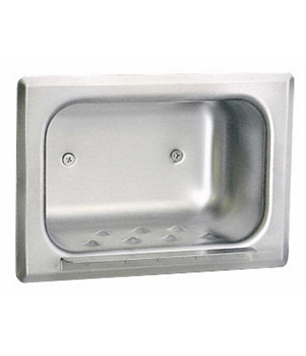 Stainless steel recessed soap dish with screw holes and a raised section for drainage.