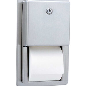 Stainless steel recessed toilet paper dispenser with a lock.