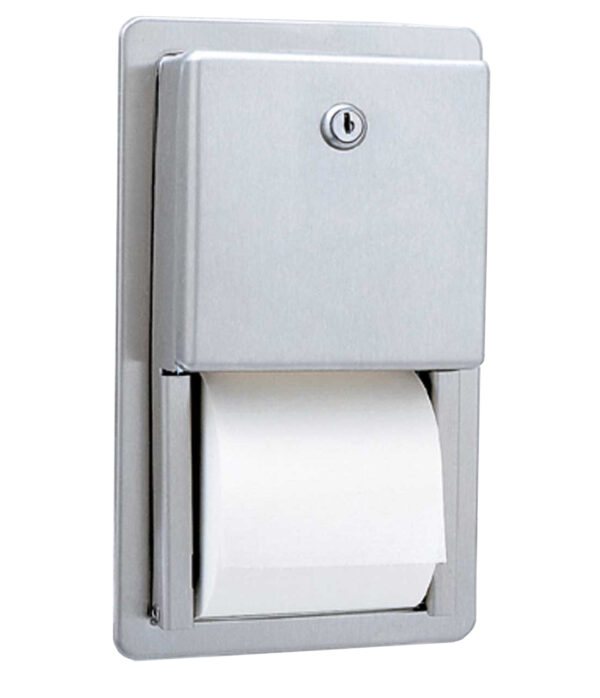 Stainless steel recessed toilet paper dispenser with a lock.