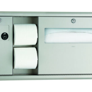 Stainless steel wall-mounted restroom dispenser for toilet paper and paper towels.