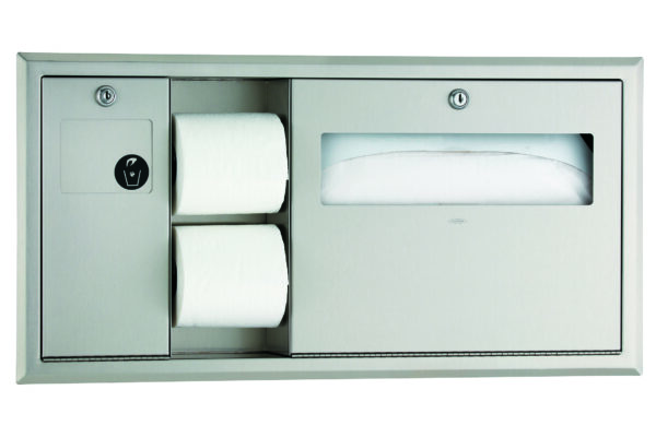 Stainless steel wall-mounted restroom dispenser for toilet paper and paper towels.