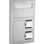Stainless steel restroom dispenser with paper towel and two toilet paper holders.