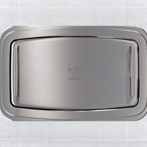 Stainless steel wall-mounted restroom waste receptacle on a tiled wall.