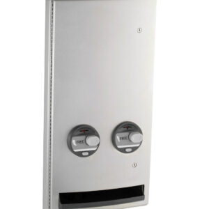 Stainless steel sanitary dispenser with two knobs marked "FREE" and a bottom dispensing slot.