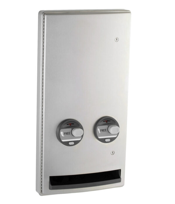 Stainless steel sanitary dispenser with two knobs marked "FREE" and a bottom dispensing slot.