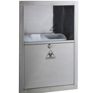 Wall-mounted stainless steel sharps disposal unit with biohazard symbol for hazardous waste.