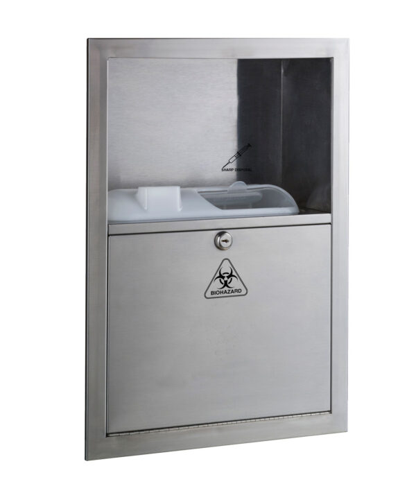 Wall-mounted stainless steel sharps disposal unit with biohazard symbol for hazardous waste.