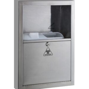 Wall-mounted stainless steel sharps disposal unit with biohazard symbol for medical waste.