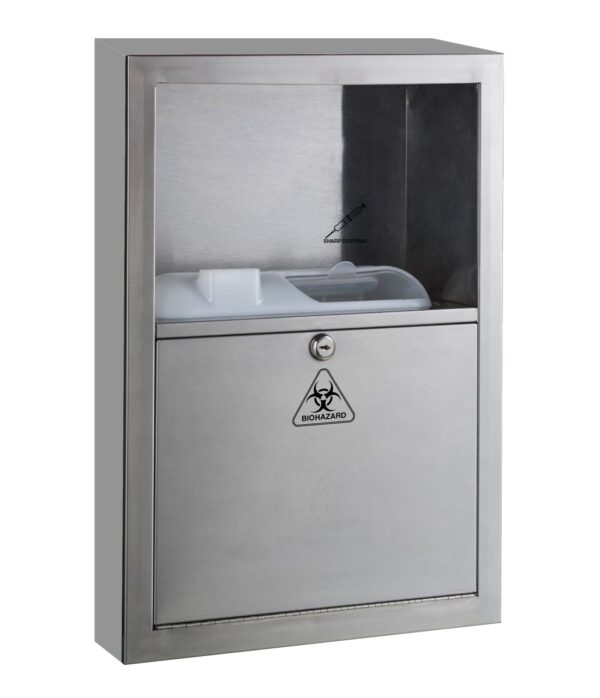 Wall-mounted stainless steel sharps disposal unit with biohazard symbol for medical waste.